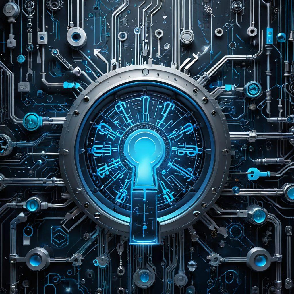 A glowing key unlocking a digital vault filled with futuristic tech gears and innovative strategies, surrounded by abstract representations of success, like upward arrows and lightbulbs. The background should be a blend of deep blue and silver tones, symbolizing a digital future. Add elements of networking and connectivity, such as circuit patterns or cloud graphics. super-realistic. vibrant colors. 3D.