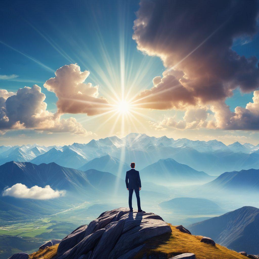 A confident business person standing on top of a mountain peak, overlooking a vast landscape symbolizing opportunities and innovation, with rays of sunlight breaking through clouds representing enlightenment and empowerment. Include modern technology elements like digital interfaces and graphs in the sky, symbolizing strategies for future success. Super-realistic. Vibrant colors. Inspirational atmosphere.