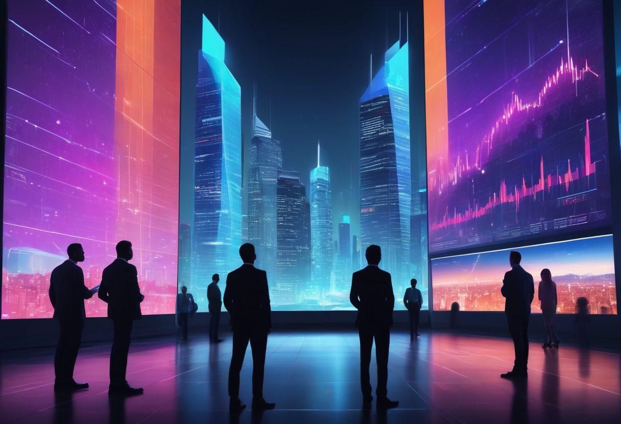 A futuristic city skyline illuminated by digital billboards, showcasing graphs and data analytics. In the foreground, a diverse group of people engaging with technology, discussing strategies over digital screens displaying dynamic charts. Vibrant colors highlight the blend of technology and human interaction, symbolizing business growth in a digital world. super-realistic. vibrant colors.
